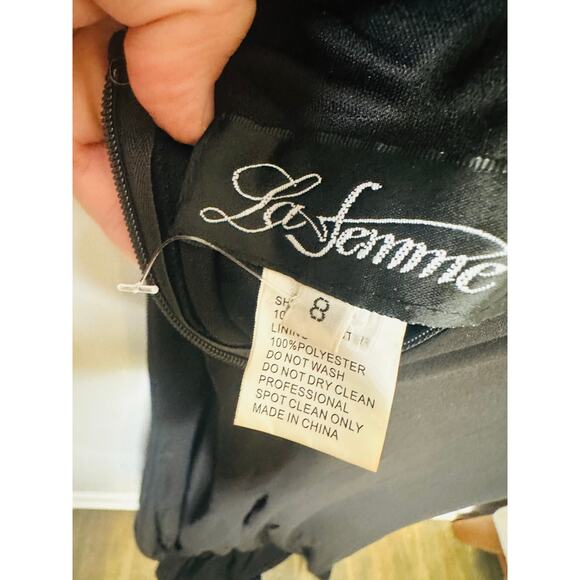 LA FEMME Black Ruched Cutout Back Jersey Trumpet Slit Gown Dress Size 8z - Picture 9 of 10